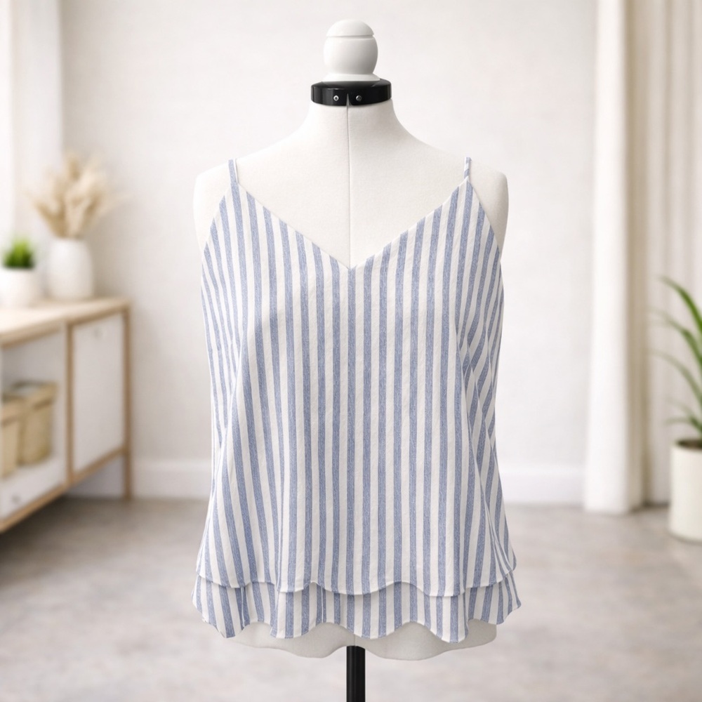 White Birch 1X Striped Linen Blend Cami Top Adjustable Straps Layered Hem NWOT